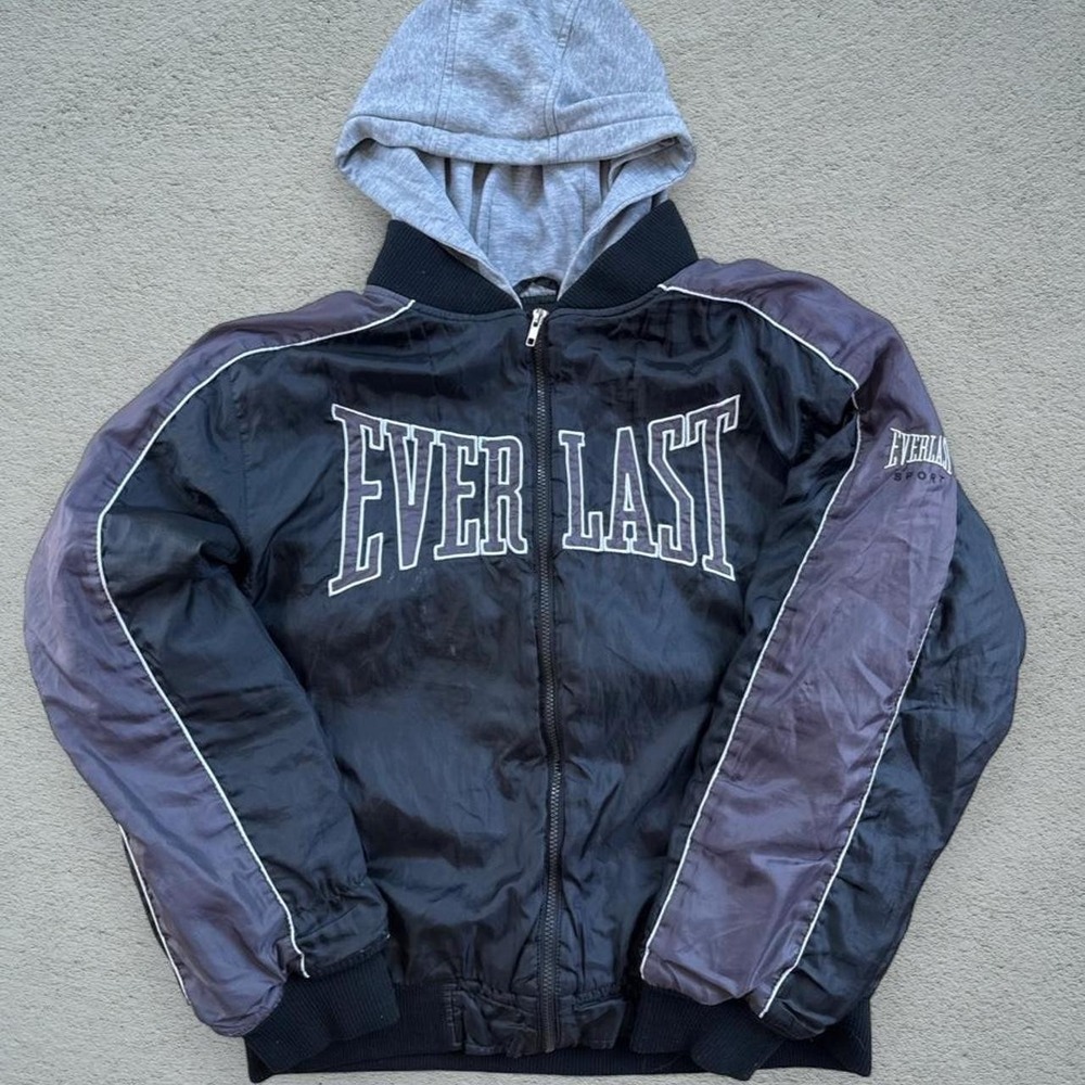 Everlast Sport Mens XL Windbreaker Jacket Black Gray Hoodie Tracksuit Y2K